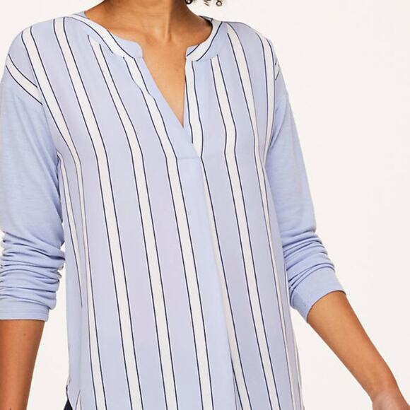 Loft Blue Striped V-Neck Mixed Media Top - Picture 2 of 16
